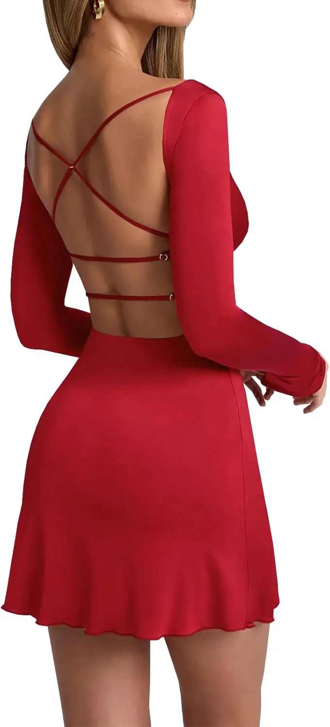 Women Open Back A-line Deep V-Neck Long Sleeve Bodycon Mini Dress Slim Fit Stretchy Cocktail Dresses