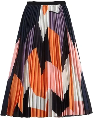 Women Pleated Skirt Contrast Color Geometric A Line High Waist Long Skirt Midi Vintage Skirt
