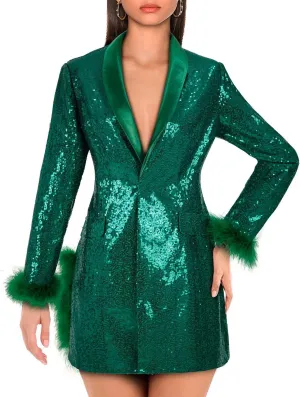 Women Sequin Jacket Long Sleeved Slim Blazer with Pocket