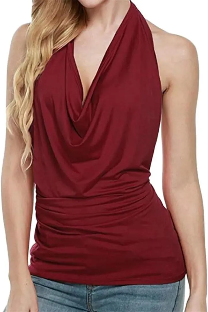 Women Sexy Off Shoulder Halter Tank Top Summer Solid Color T-Shirt Elegant Backless Cowl Neck Drape Camisole