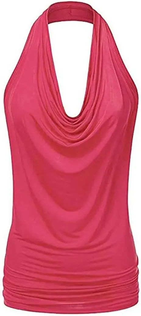 Women Sexy Off Shoulder Halter Tank Top Summer Solid Color T-Shirt Elegant Backless Cowl Neck Drape Camisole