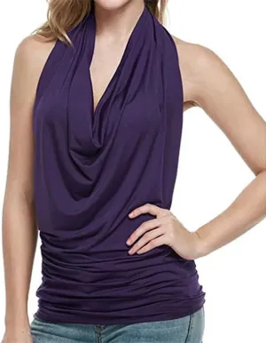 Women Sexy Off Shoulder Halter Tank Top Summer Solid Color T-Shirt Elegant Backless Cowl Neck Drape Camisole