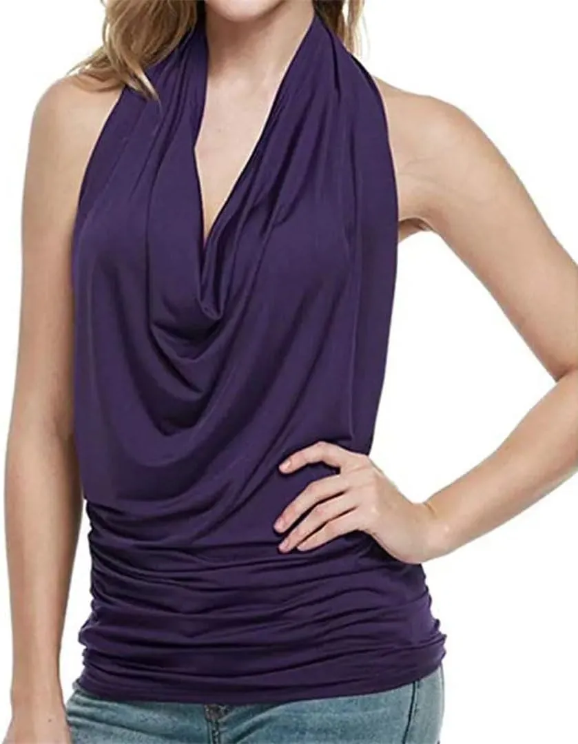 Women Sexy Off Shoulder Halter Tank Top Summer Solid Color T-Shirt Elegant Backless Cowl Neck Drape Camisole