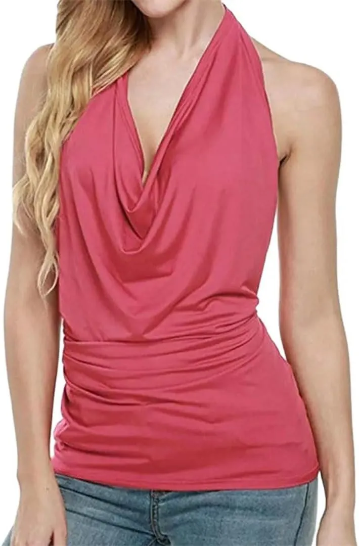 Women Sexy Off Shoulder Halter Tank Top Summer Solid Color T-Shirt Elegant Backless Cowl Neck Drape Camisole