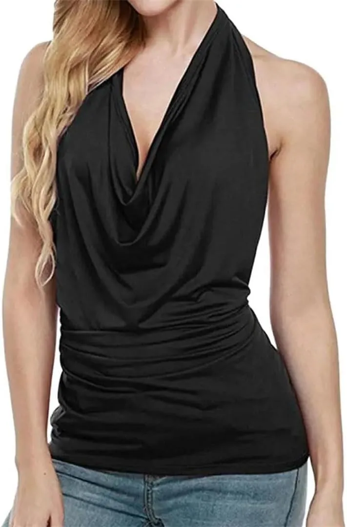 Women Sexy Off Shoulder Halter Tank Top Summer Solid Color T-Shirt Elegant Backless Cowl Neck Drape Camisole