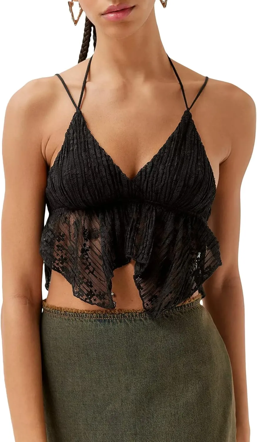 Women Sexy Y2k Camisole Spaghetti Strap Lace Frill Crop Top Bustier Backless Mesh Patchwork Tank Cami Aesthetic