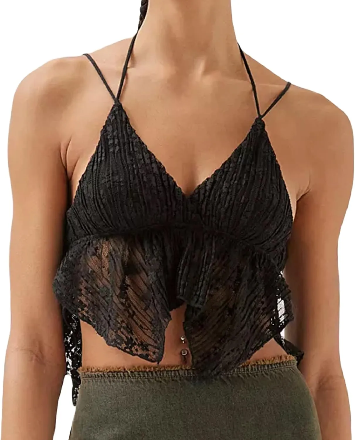 Women Sexy Y2k Camisole Spaghetti Strap Lace Frill Crop Top Bustier Backless Mesh Patchwork Tank Cami Aesthetic
