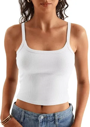 Women Spaghetti Strap Crop Tops Summer Ribbed Tank Tops Scoop Neck Camisole Sleeveless Slim Fit Cami 2024