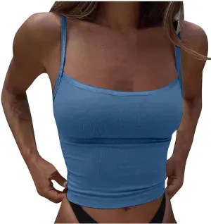 Women Spaghetti Strap Cropped Tank Solid High Elastic Sexy Camisole Sleeveless Summer Comfy Top Stretch Slim Fit Shirt