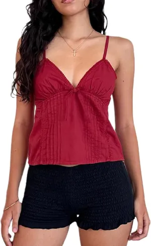 Women Spaghetti Strap Lace Trim Crop Camisole Sexy V Neck Vintage Backless Y2k Fairy Grunge Cami Shirt