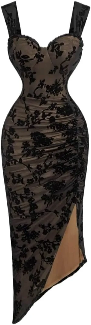 Women Summer Bohemian Floral Elegant Flocked Mesh Slit Dress