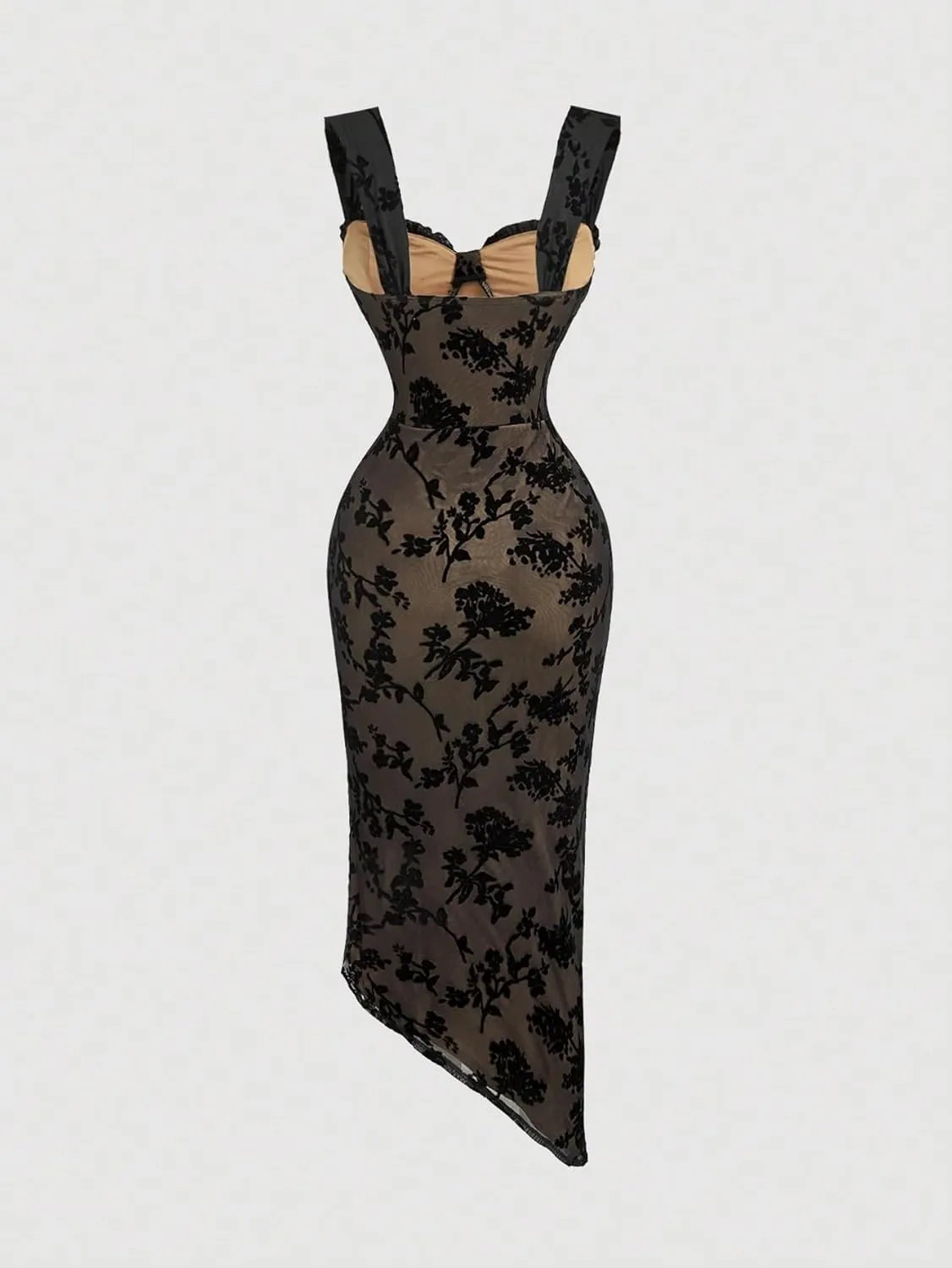 Women Summer Bohemian Floral Elegant Flocked Mesh Slit Dress