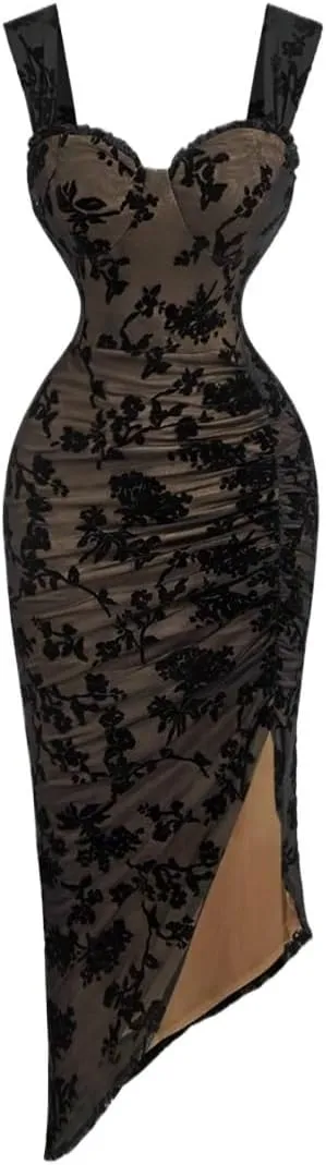 Women Summer Bohemian Floral Elegant Flocked Mesh Slit Dress