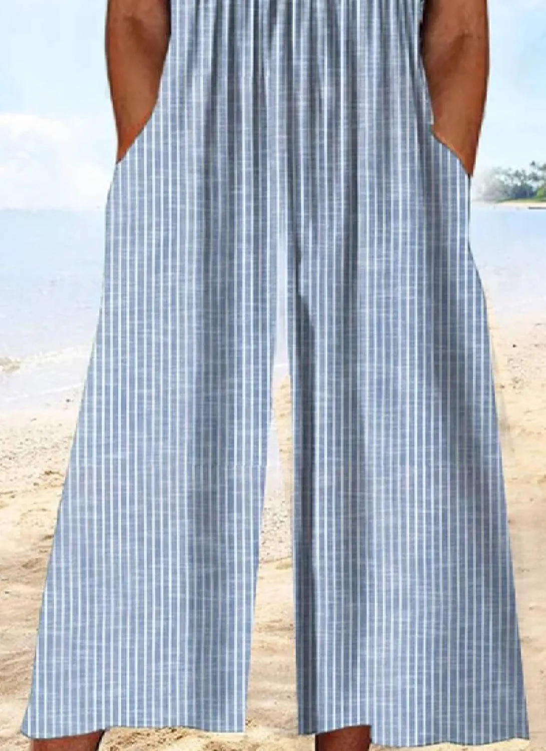 Women Summer Casual Short Sleeve Irregular V Neck Button Striped Wide Leg Cropped Pants Jumpsuits Rompers with Pockets