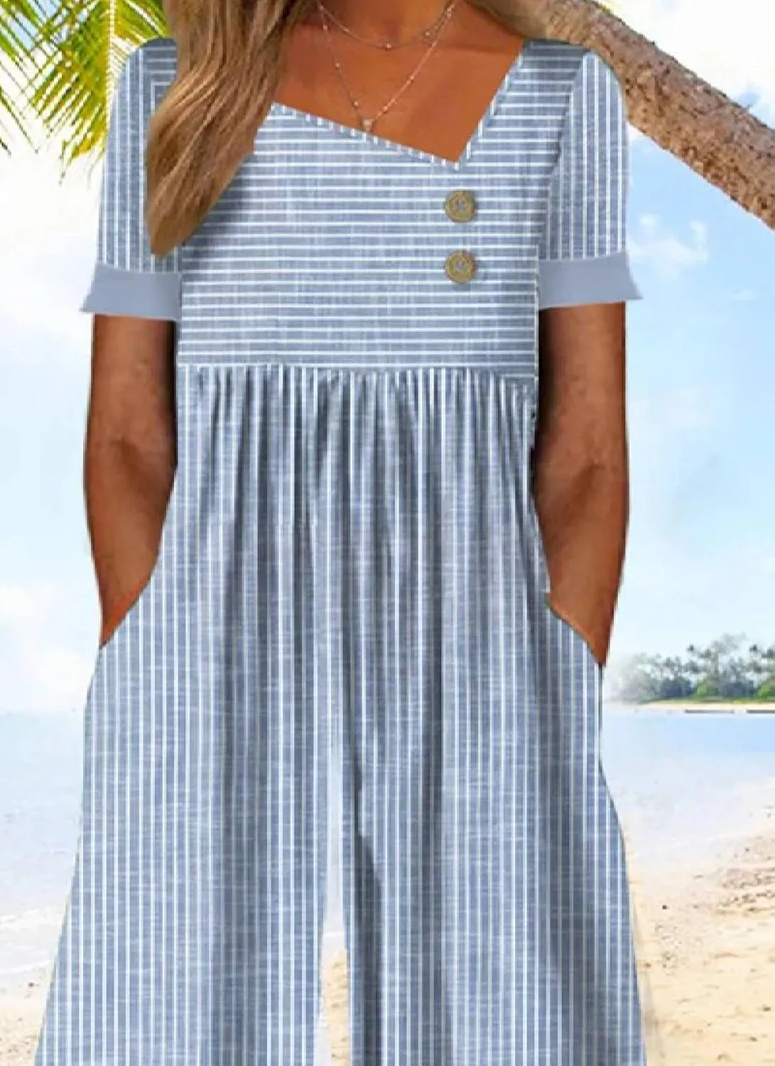 Women Summer Casual Short Sleeve Irregular V Neck Button Striped Wide Leg Cropped Pants Jumpsuits Rompers with Pockets
