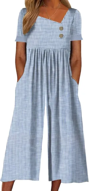 Women Summer Casual Short Sleeve Irregular V Neck Button Striped Wide Leg Cropped Pants Jumpsuits Rompers with Pockets