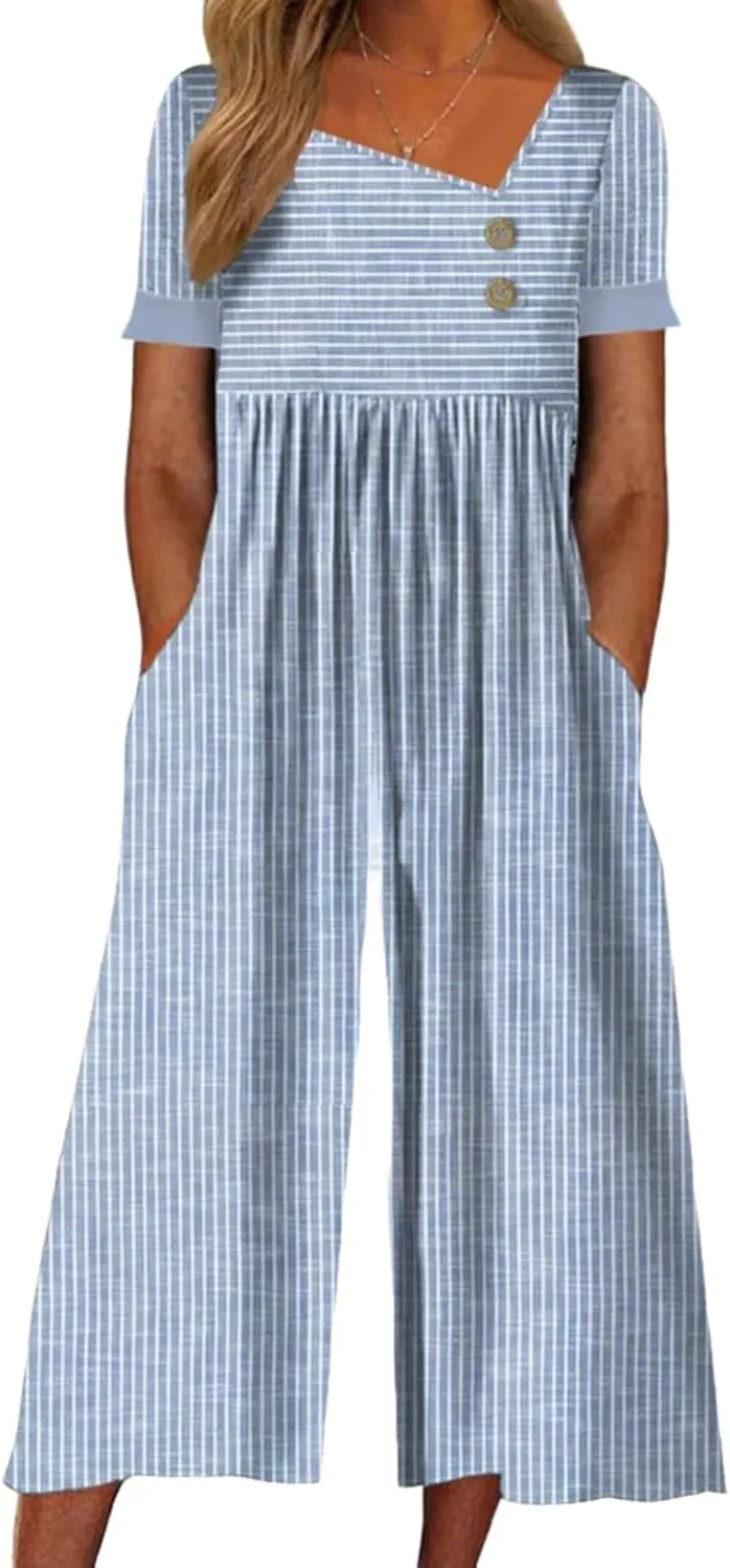 Women Summer Casual Short Sleeve Irregular V Neck Button Striped Wide Leg Cropped Pants Jumpsuits Rompers with Pockets