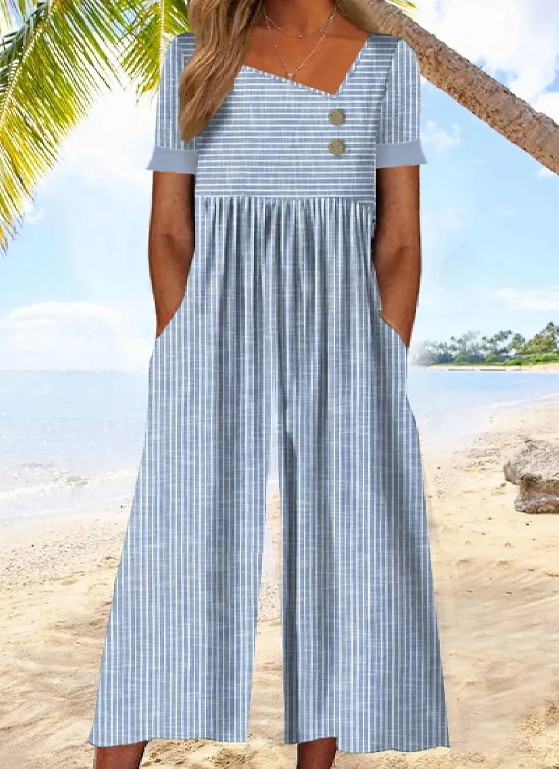 Women Summer Casual Short Sleeve Irregular V Neck Button Striped Wide Leg Cropped Pants Jumpsuits Rompers with Pockets