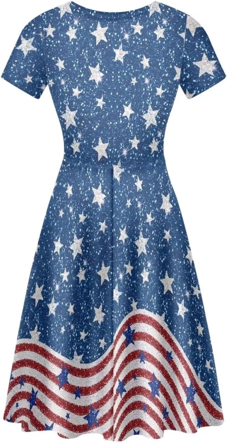 Women Summer Dresses Short Sleeve Casual Swing Dresses A-line Flare Skater Dress Holiday Beach Sundress Size S-4XL