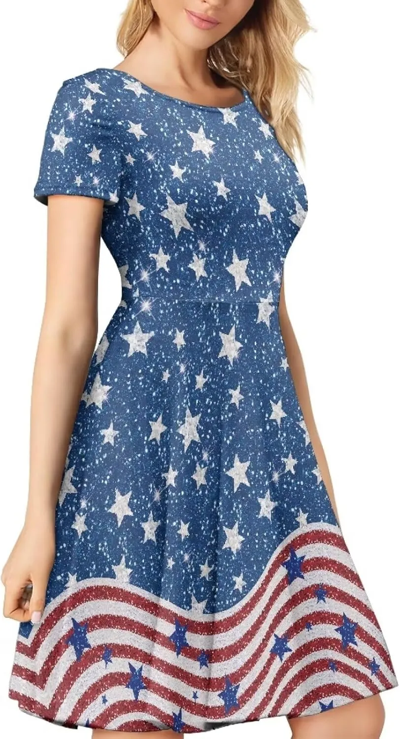 Women Summer Dresses Short Sleeve Casual Swing Dresses A-line Flare Skater Dress Holiday Beach Sundress Size S-4XL