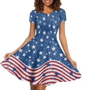 Women Summer Dresses Short Sleeve Casual Swing Dresses A-line Flare Skater Dress Holiday Beach Sundress Size S-4XL