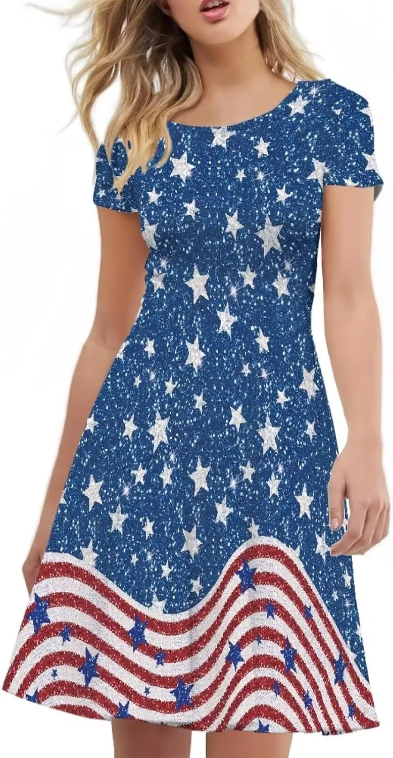 Women Summer Dresses Short Sleeve Casual Swing Dresses A-line Flare Skater Dress Holiday Beach Sundress Size S-4XL