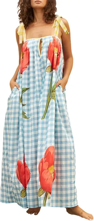 Women Summer Floral Boho Maxi Dress Tie Shoulder Square Neck Flowy Sundress Ruffle A Line Colorful Beach Long Dress