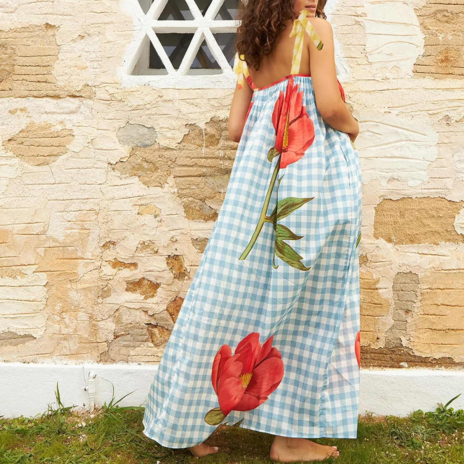 Women Summer Floral Boho Maxi Dress Tie Shoulder Square Neck Flowy Sundress Ruffle A Line Colorful Beach Long Dress