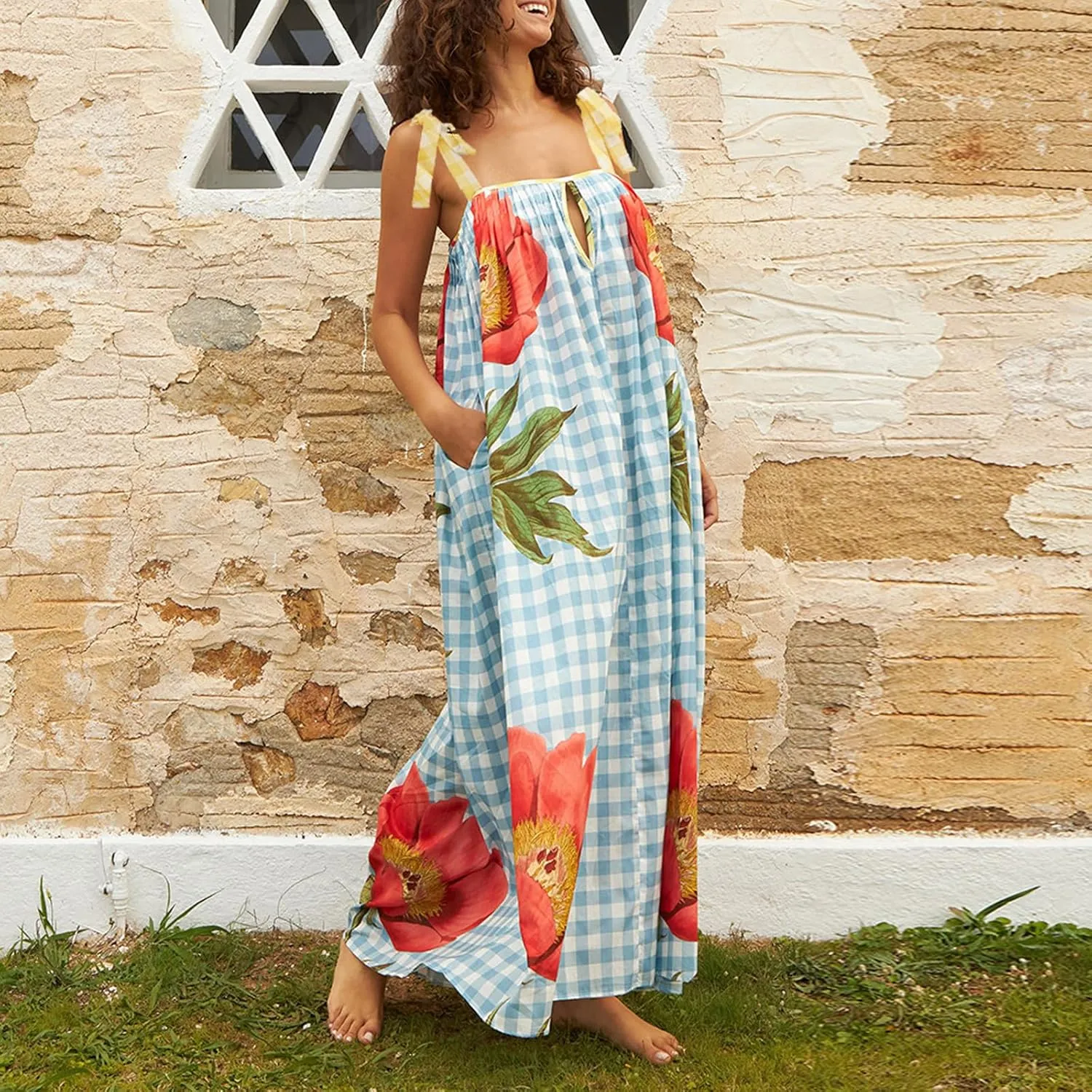 Women Summer Floral Boho Maxi Dress Tie Shoulder Square Neck Flowy Sundress Ruffle A Line Colorful Beach Long Dress