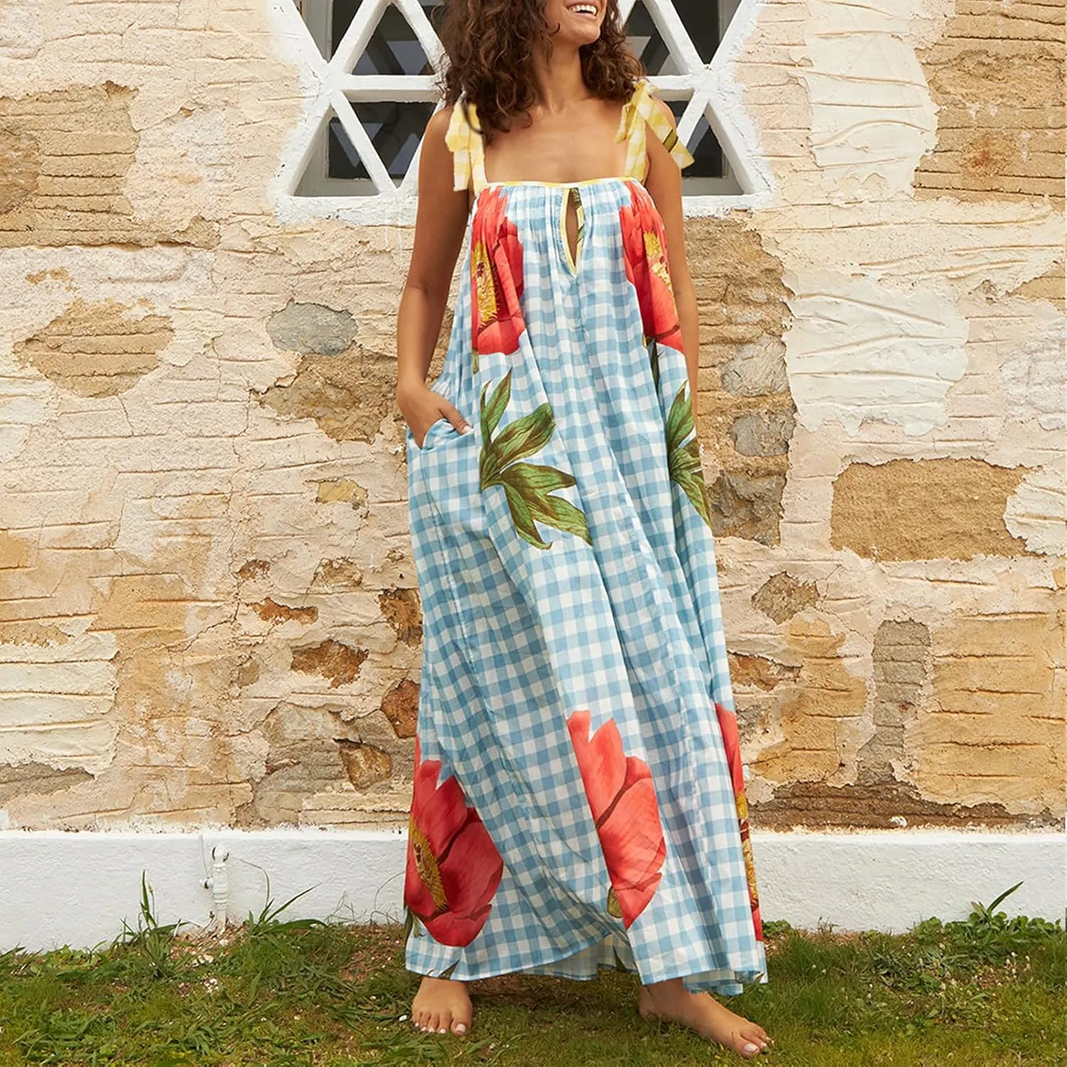 Women Summer Floral Boho Maxi Dress Tie Shoulder Square Neck Flowy Sundress Ruffle A Line Colorful Beach Long Dress
