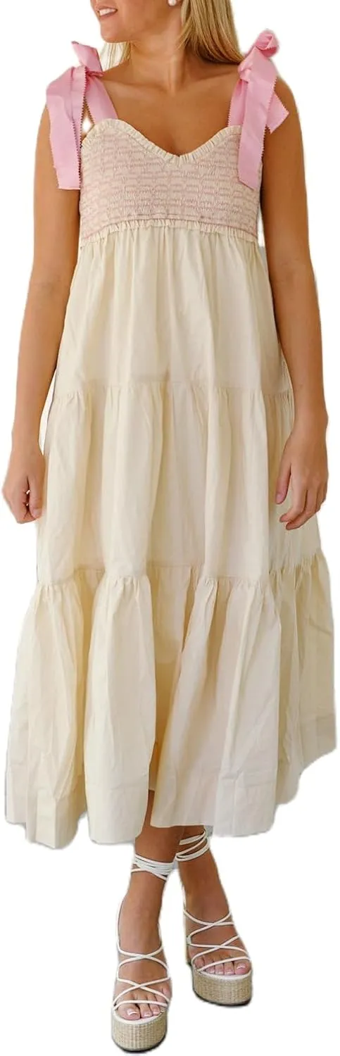 Women Summer Floral Maxi Dress Tie Shoulder Strap Smocked Flowy Dress Boho Sleeveless Beach Long Sundresses