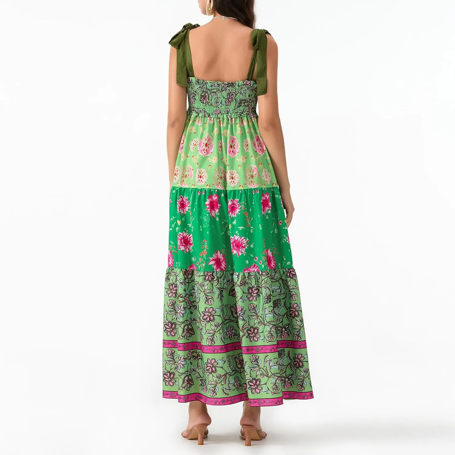 Women Summer Maxi Dress Floral Smocked Shirred Long Dress Boho Sleeveless Tie Shoulder Sundress