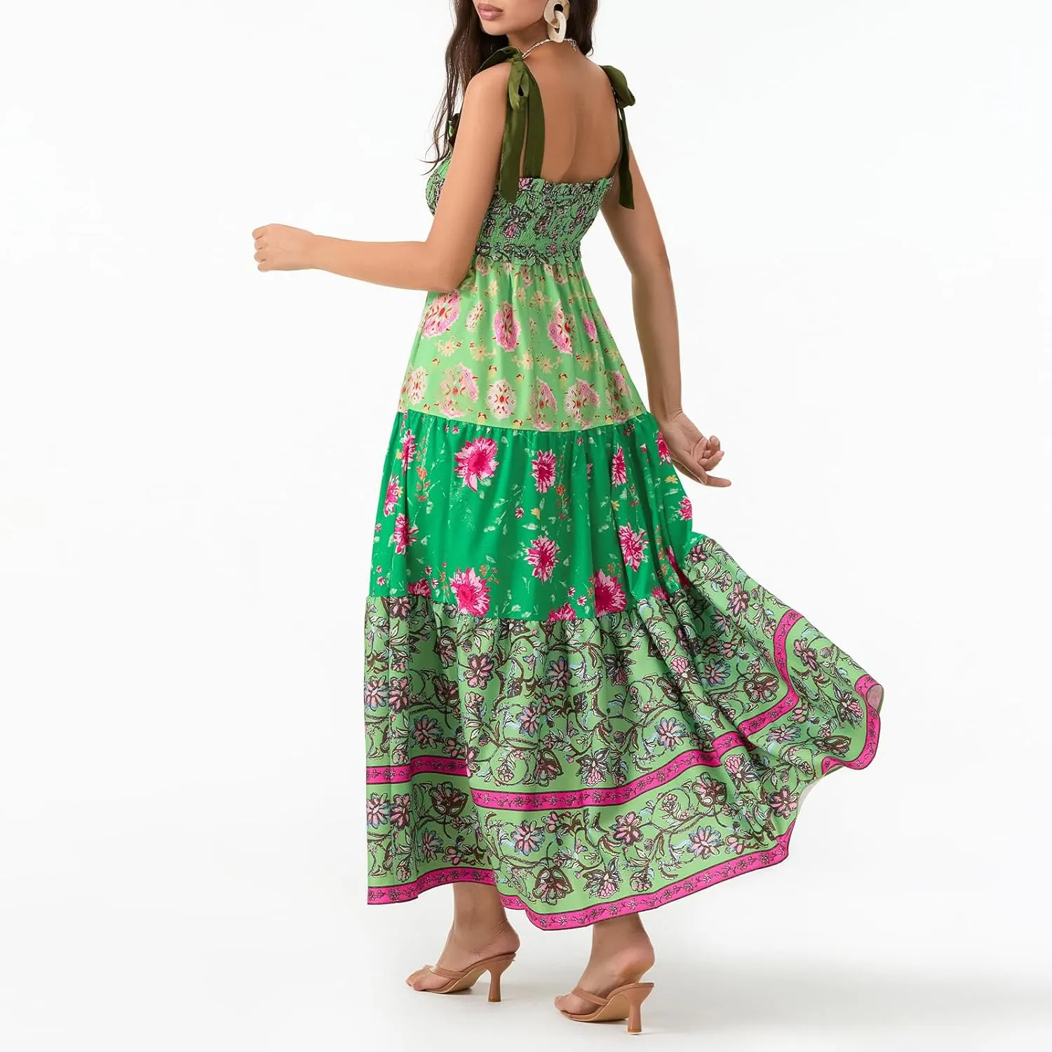 Women Summer Maxi Dress Floral Smocked Shirred Long Dress Boho Sleeveless Tie Shoulder Sundress