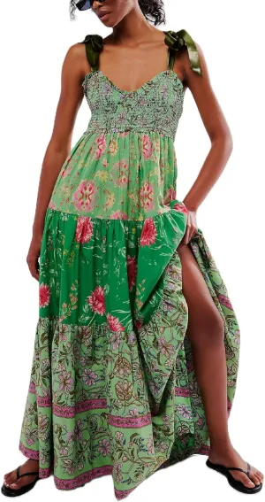 Women Summer Maxi Dress Floral Smocked Shirred Long Dress Boho Sleeveless Tie Shoulder Sundress