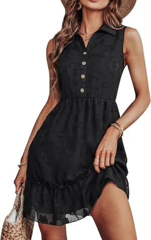 Women Summer Sleeveless Dress Women Turn Down Collar V Neck Button Ruffle Hem Floral Pattern Knee Length Mini Dress