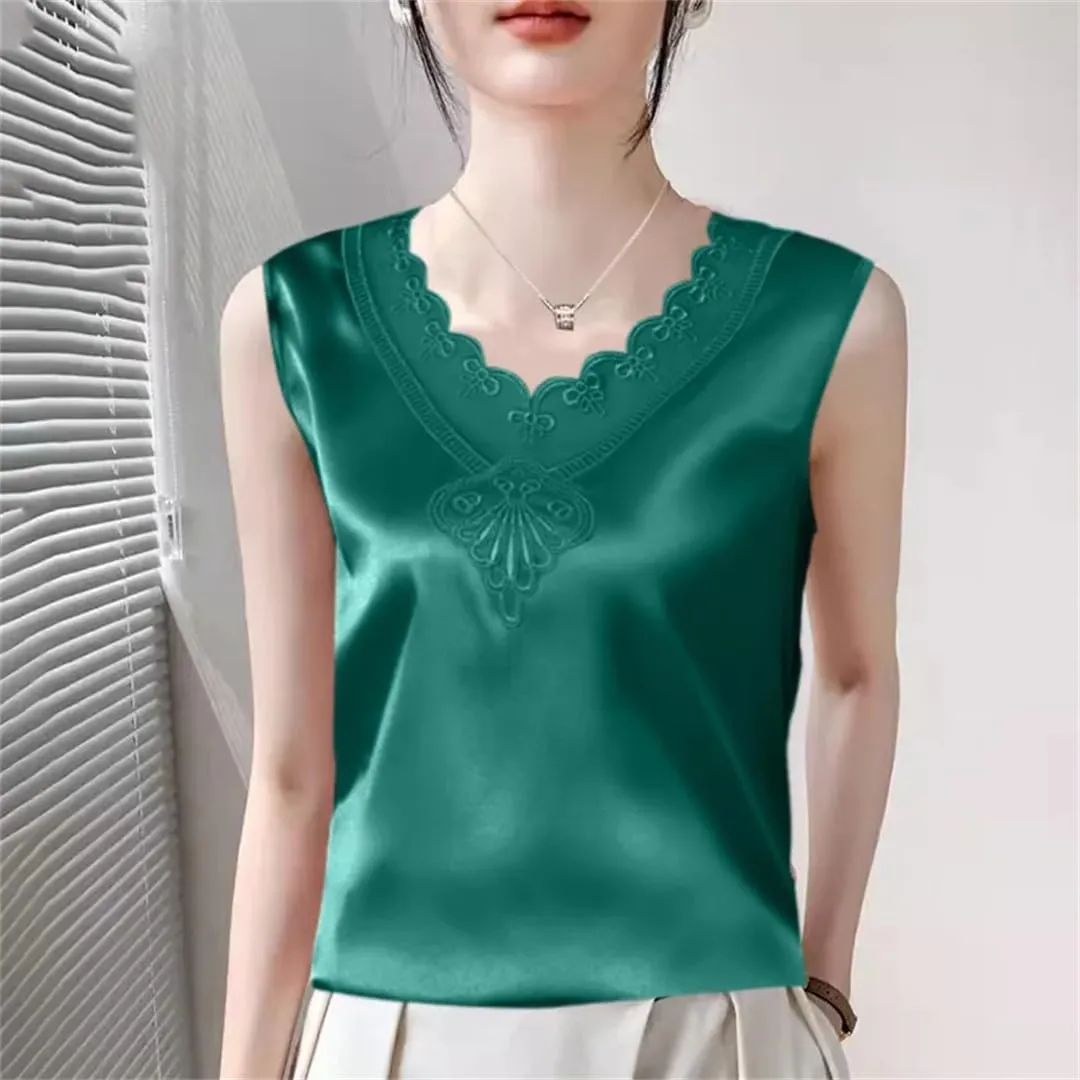 Women Summer Solid Color Lace V-Neck Printed Sleeveless Retro Loose T-Shirt Chiffon Pullover Tank Camisole Tops
