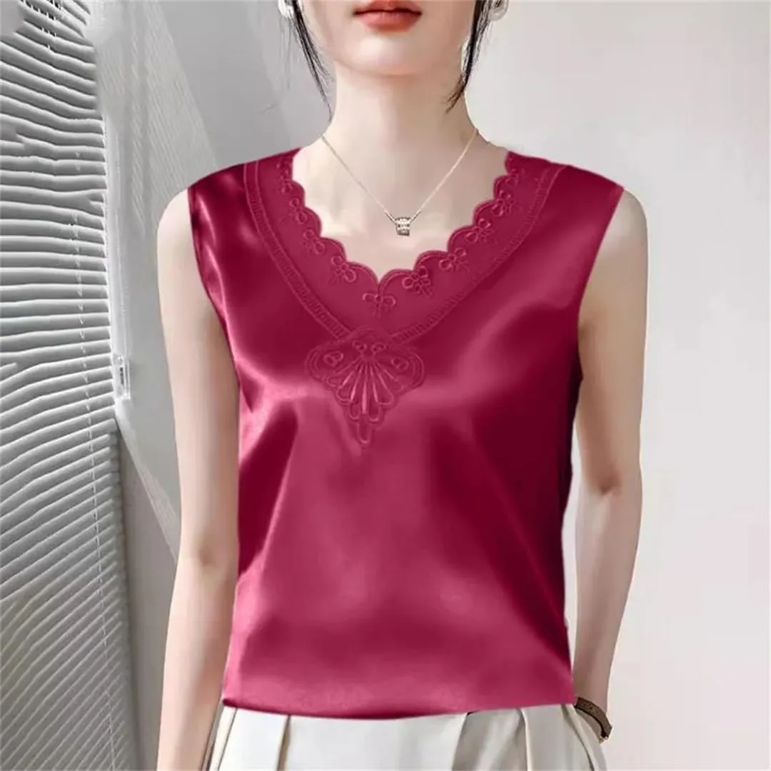 Women Summer Solid Color Lace V-Neck Printed Sleeveless Retro Loose T-Shirt Chiffon Pullover Tank Camisole Tops