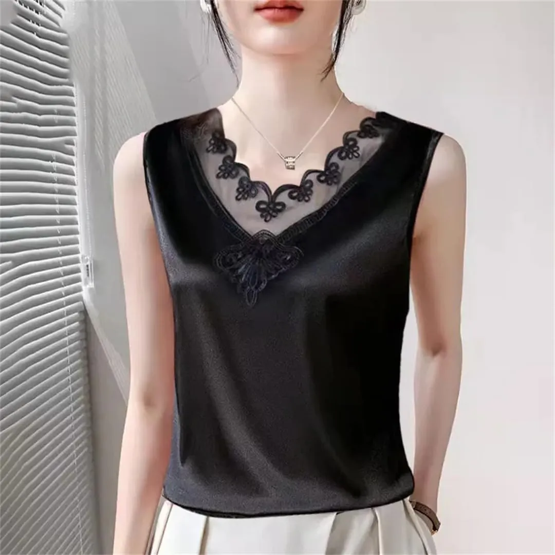 Women Summer Solid Color Lace V-Neck Printed Sleeveless Retro Loose T-Shirt Chiffon Pullover Tank Camisole Tops