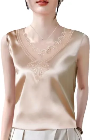 Women Summer Solid Color Lace V-Neck Printed Sleeveless Retro Loose T-Shirt Chiffon Pullover Tank Camisole Tops