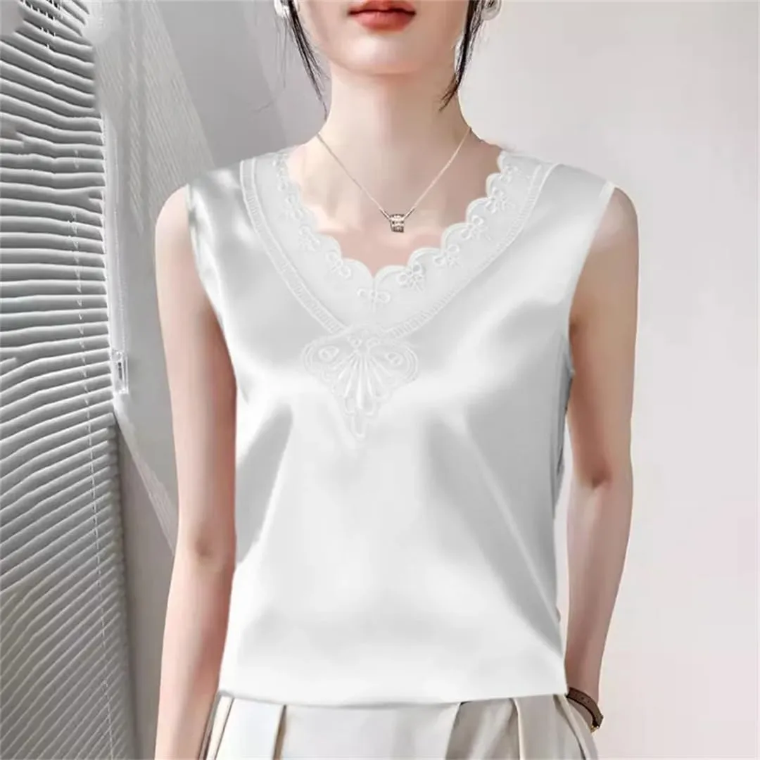 Women Summer Solid Color Lace V-Neck Printed Sleeveless Retro Loose T-Shirt Chiffon Pullover Tank Camisole Tops