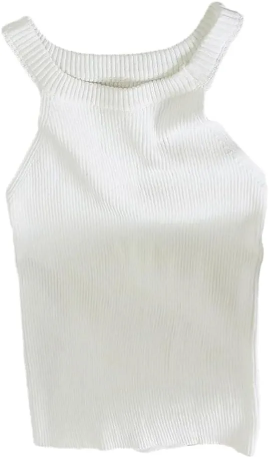Women Tank Top Knit Shoulder Round Neck T-Shirt Women Solid Halters Camisole