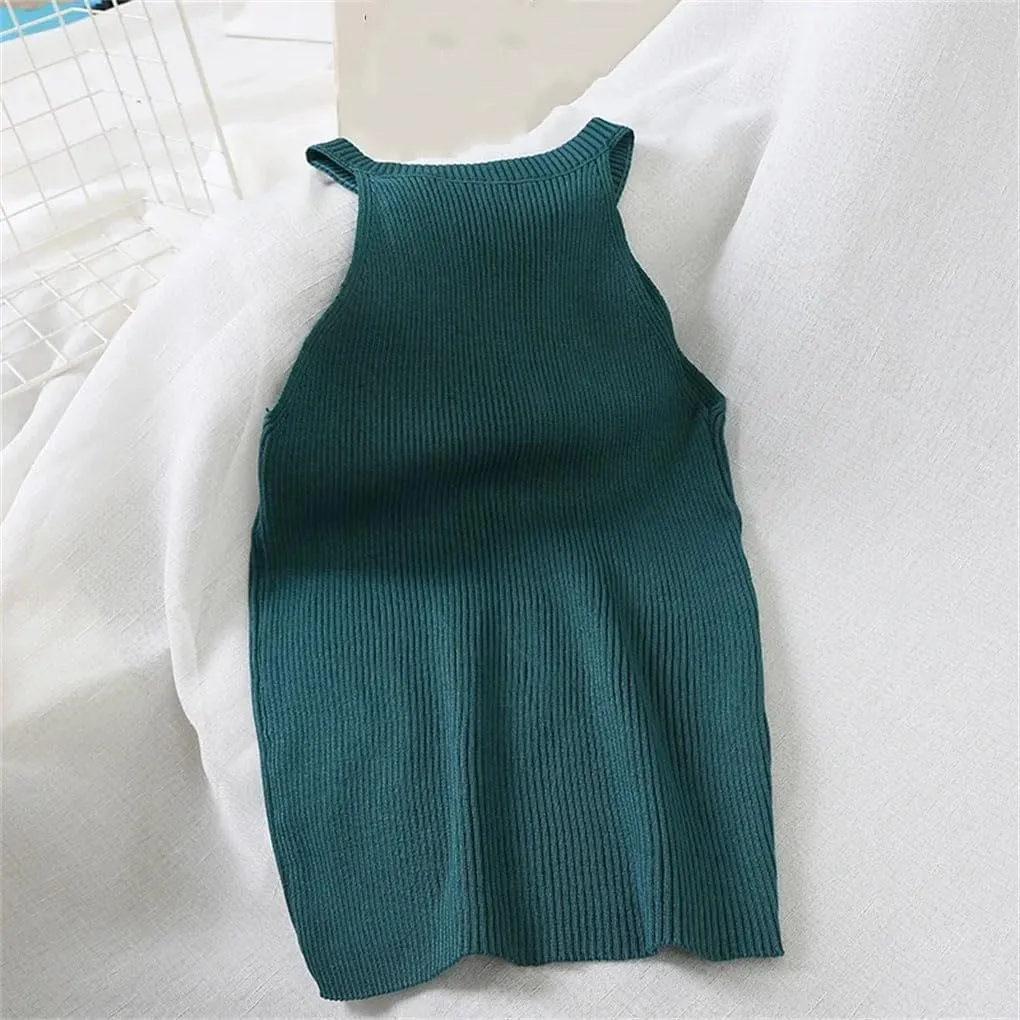 Women Tank Top Knit Shoulder Round Neck T-Shirt Women Solid Halters Camisole
