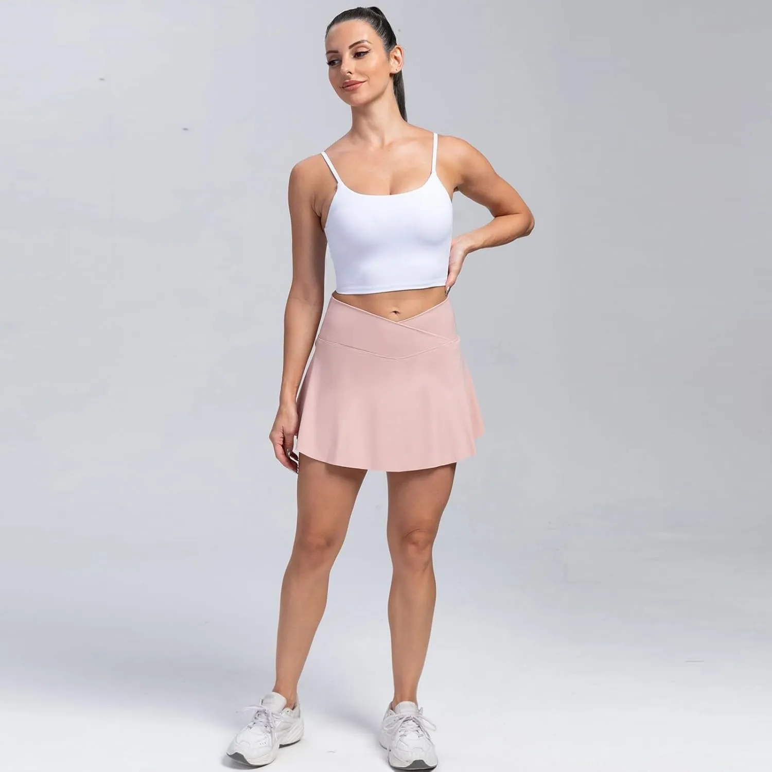 Women Tennis Skirt Crossover High Waisted Athletic Skorts with Pockets Flowy Mini Golf Skirts with Shorts Underneath