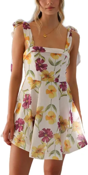 Women Tie Shoulder Boho Floral Mini Dress Y2k A Line Short Dresses Summer Going Out Ruffle Vacation Corset Dress
