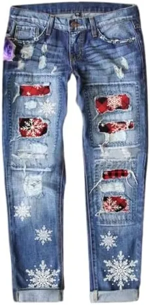 Women Vintage Floral Print High Waist Distressed Straight Leg Jean Loose Baggy Boyfriend Ripped Flower Denim Pant