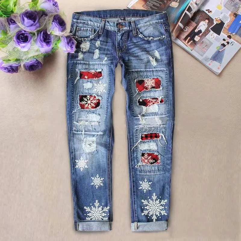 Women Vintage Floral Print High Waist Distressed Straight Leg Jean Loose Baggy Boyfriend Ripped Flower Denim Pant