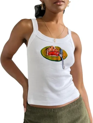 Women Vintage Graphic Tank Tops Causal Sleeveless Y2K 90s Retro Cami Shirt Summer Scoop Neck Fruit Print Camisole