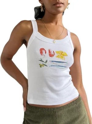 Women Vintage Graphic Tank Tops Causal Sleeveless Y2K 90s Retro Cami Shirt Summer Scoop Neck Fruit Print Camisole