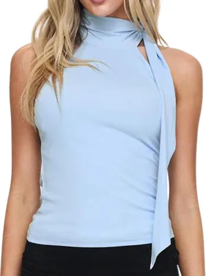 Women Y2K High Neck Tank Tops Sleeveless Slim Summer Shirts Going Out Mock Neck Bow Tie Cami Top with Scarf