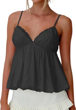 Women Y2k Lace Trim Camisole Spaghetti Strap Flowy Babydoll Tank Tops Cute Bow V Neck Ruffle Hem Peplum Camis